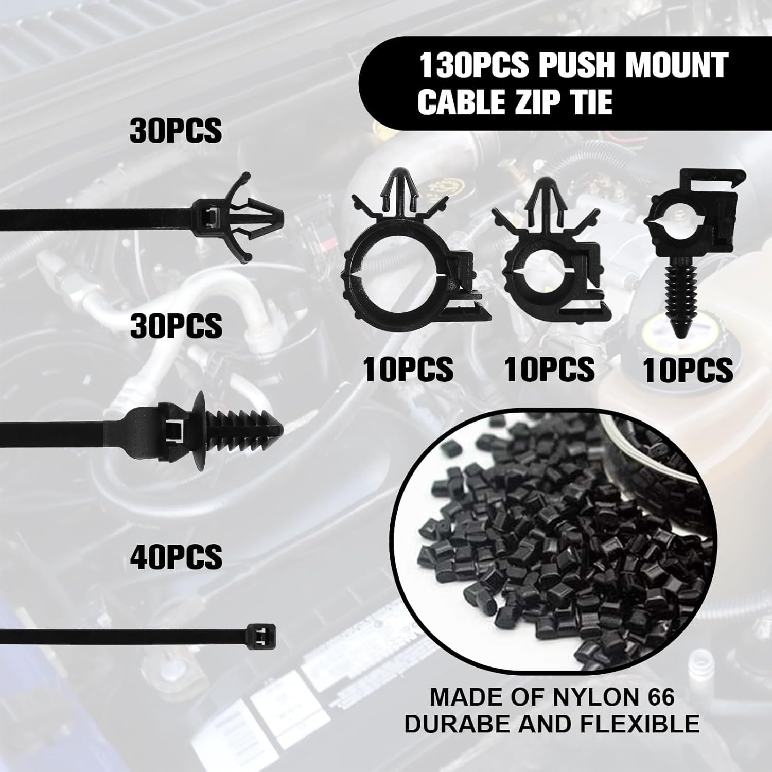 TRH-130 Pcs Push Mount Cable Ties Standard Zip Tie Mount Car Wire Loom ...