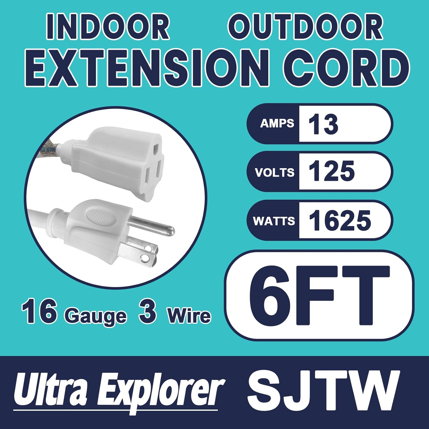 Clear Power 15ft Outdoor/Indoor Extension Cord – 16/3 SJTW, 3-Prong Grounded – 2-Pack, White – CP10206X2