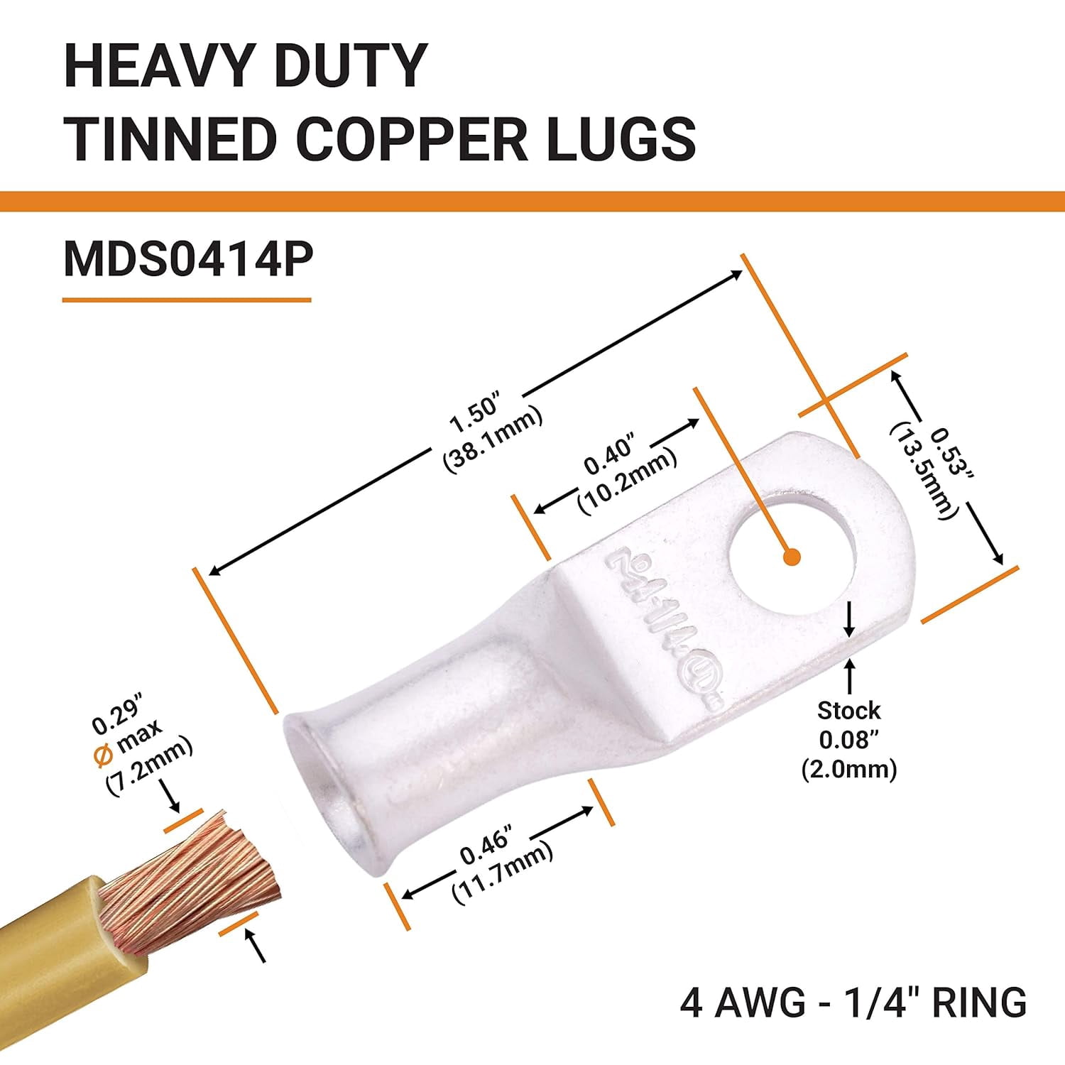 25 PCS 4 AWG Copper Ring Terminal Connectors - Heat Shrink, 1/4" Stud Hole, For Heavy Duty Wiring