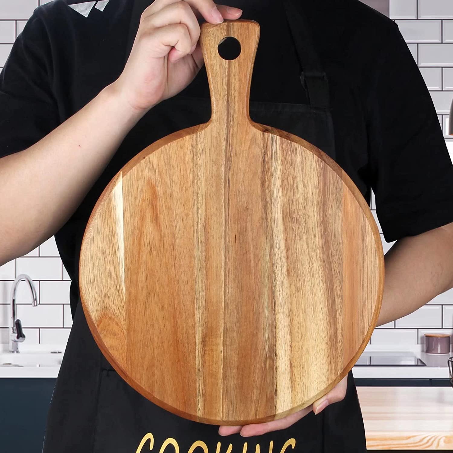 TRH-Acacia Wood Cutting Board with Handle Wooden Chopping Board Round ...