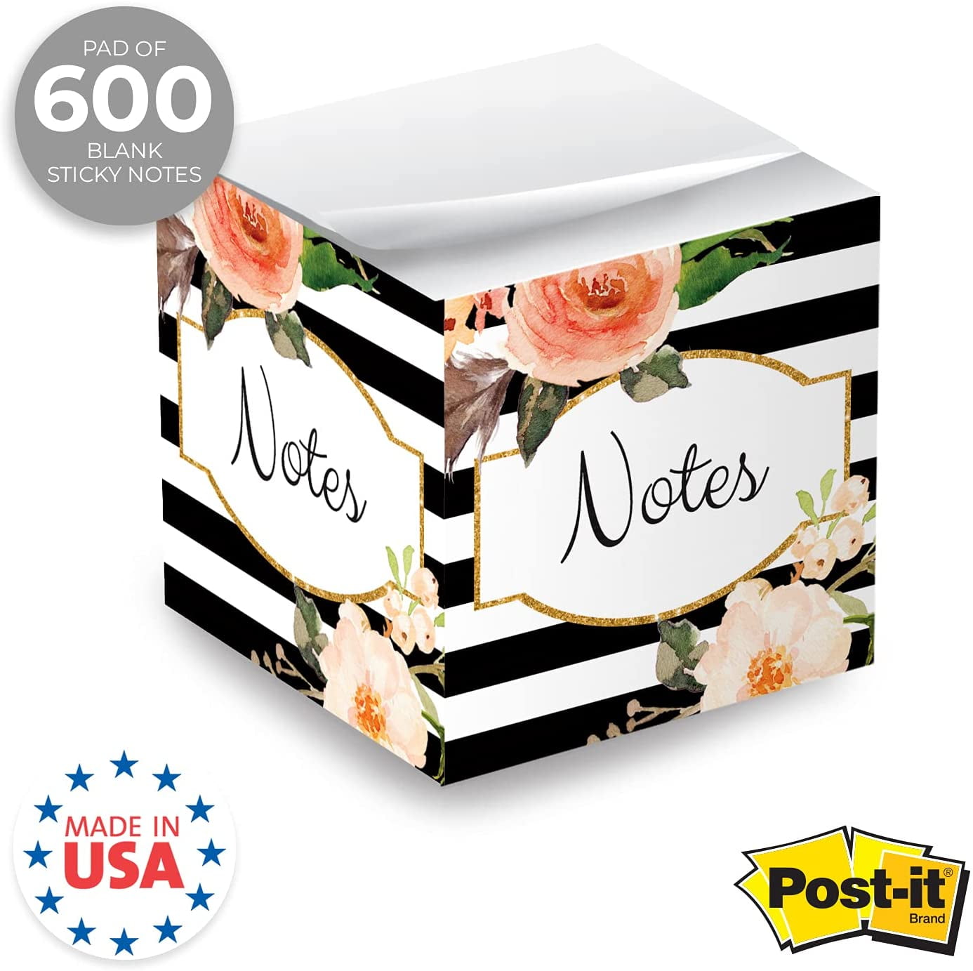 TRH-Black and White Floral Sticky Note Cube / 2.75
