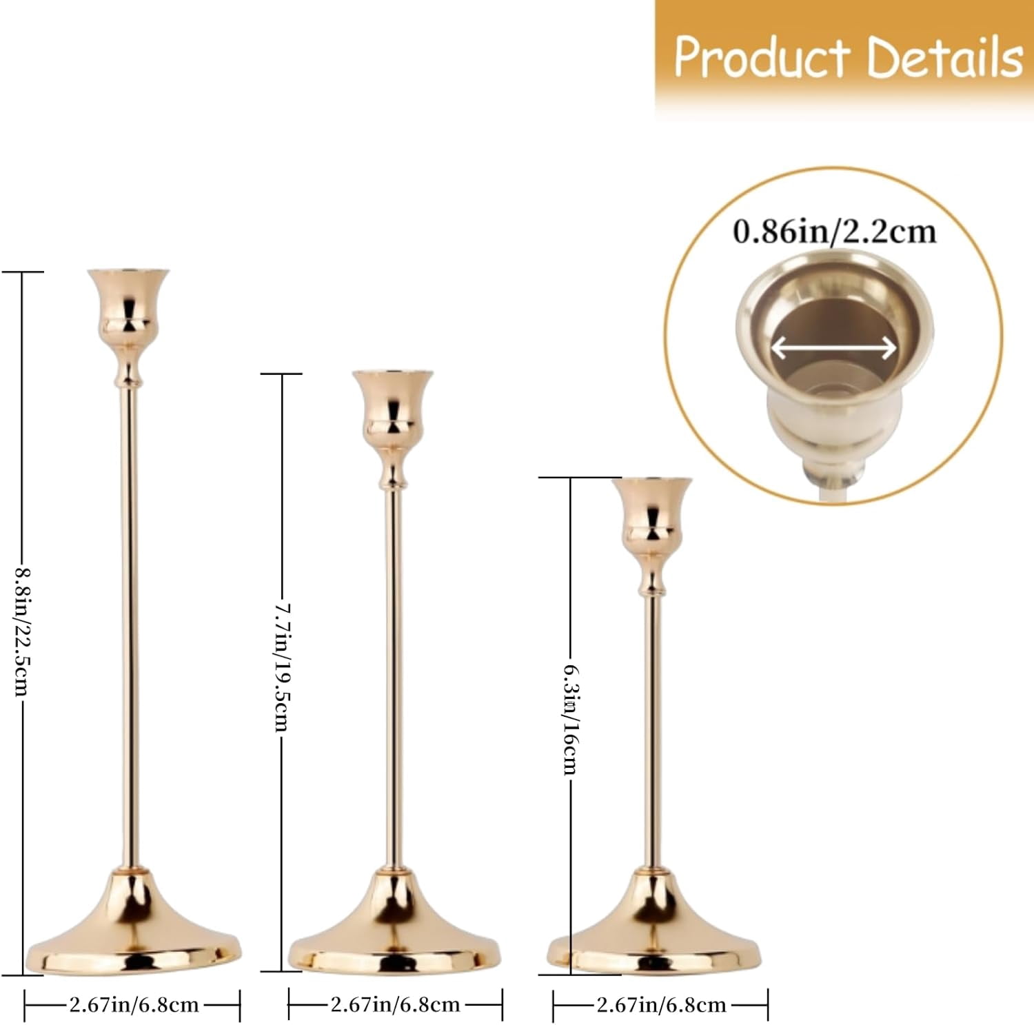 TRH-French Gold Candlestick Holders Set of 3, Metal Taper Candle ...