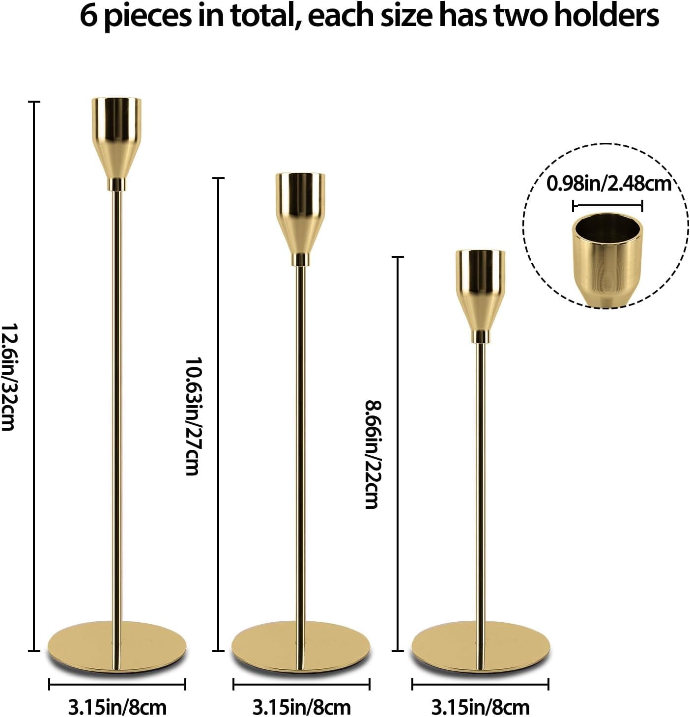 TRH-Gold Candle Holders Set of 6, Metal Taper Candle Holders, Tall Gold ...
