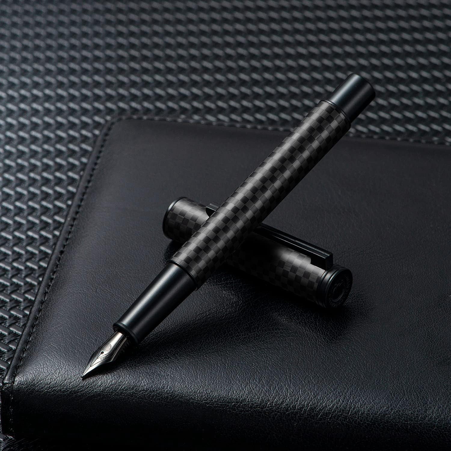 Hongdian 1861 Black Forest Fountain Pen - Carbon Fiber & Brass, Long Blade Nib, Includes Converter & Metal Case