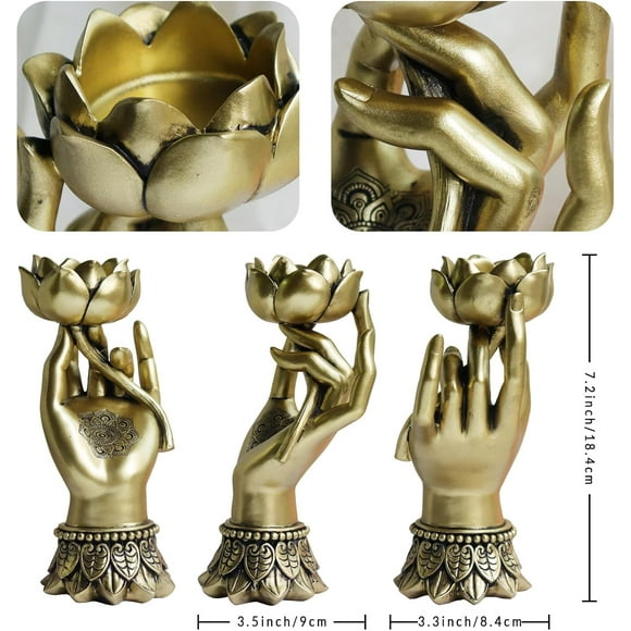 TRH-Lotus Tealight Candle Holder Meditation Decor Zen Statue for Home Table Self Office Living Room Bedroom Polyresin Home Decor Gold (Lotus in Hand)