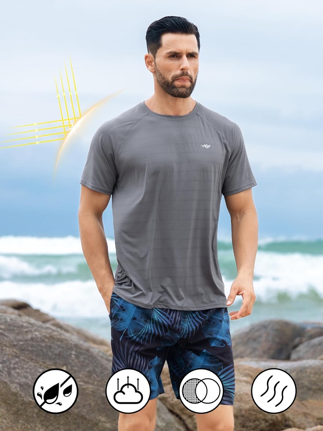 TRH-Men's Rash Guard Swim Shirts UPF 50+ Short Sleeve Fishing Quick Dry ...