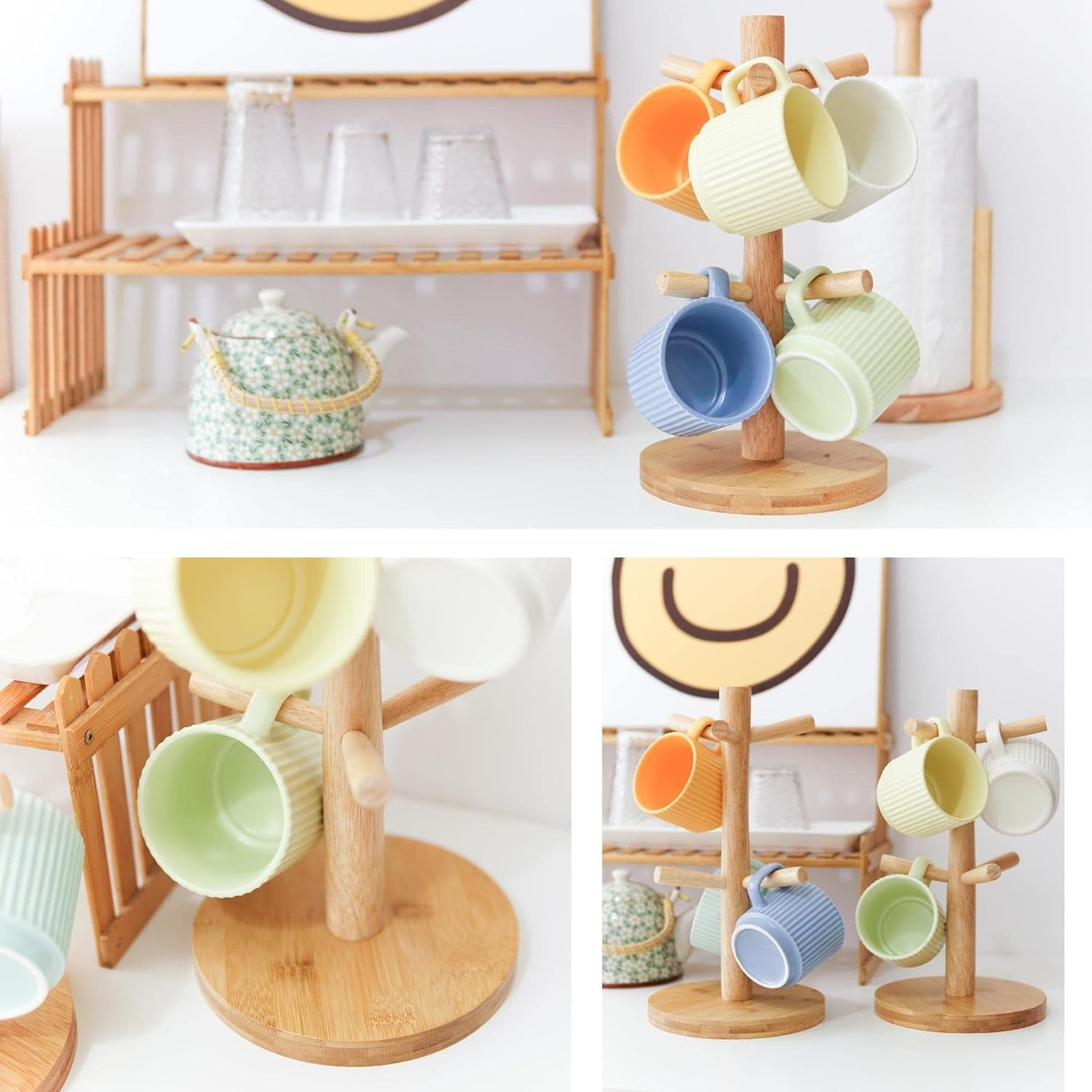 TRH-Mug Holder Tree, Wooden Coffee Cup Rack with 6 Hooks, Natural Color ...