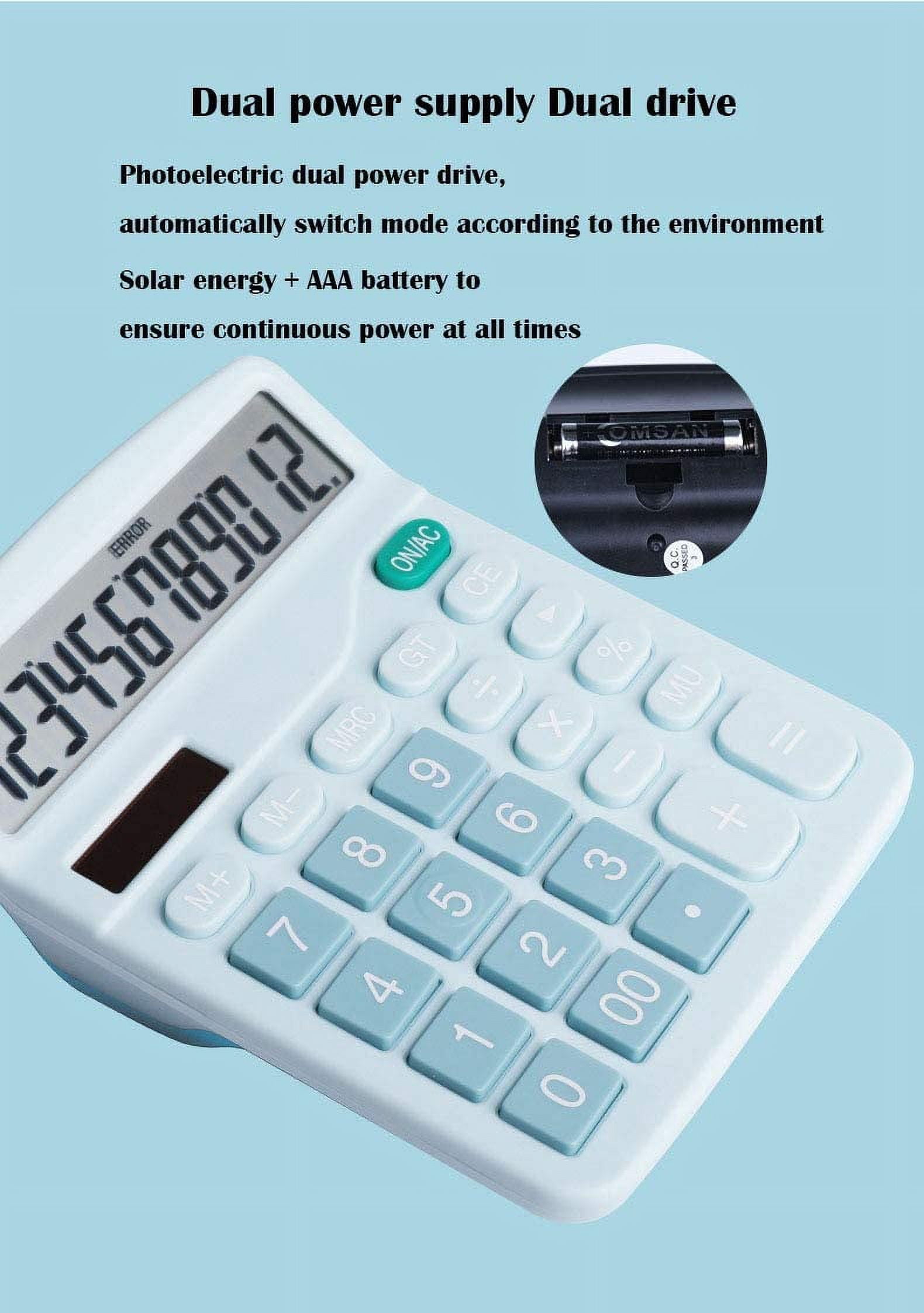 TRH-Office Desk Calculator, 12-bit Solar Battery Dual Power Standard Function Electronic Calculator With Large Lcd Display 1packblue