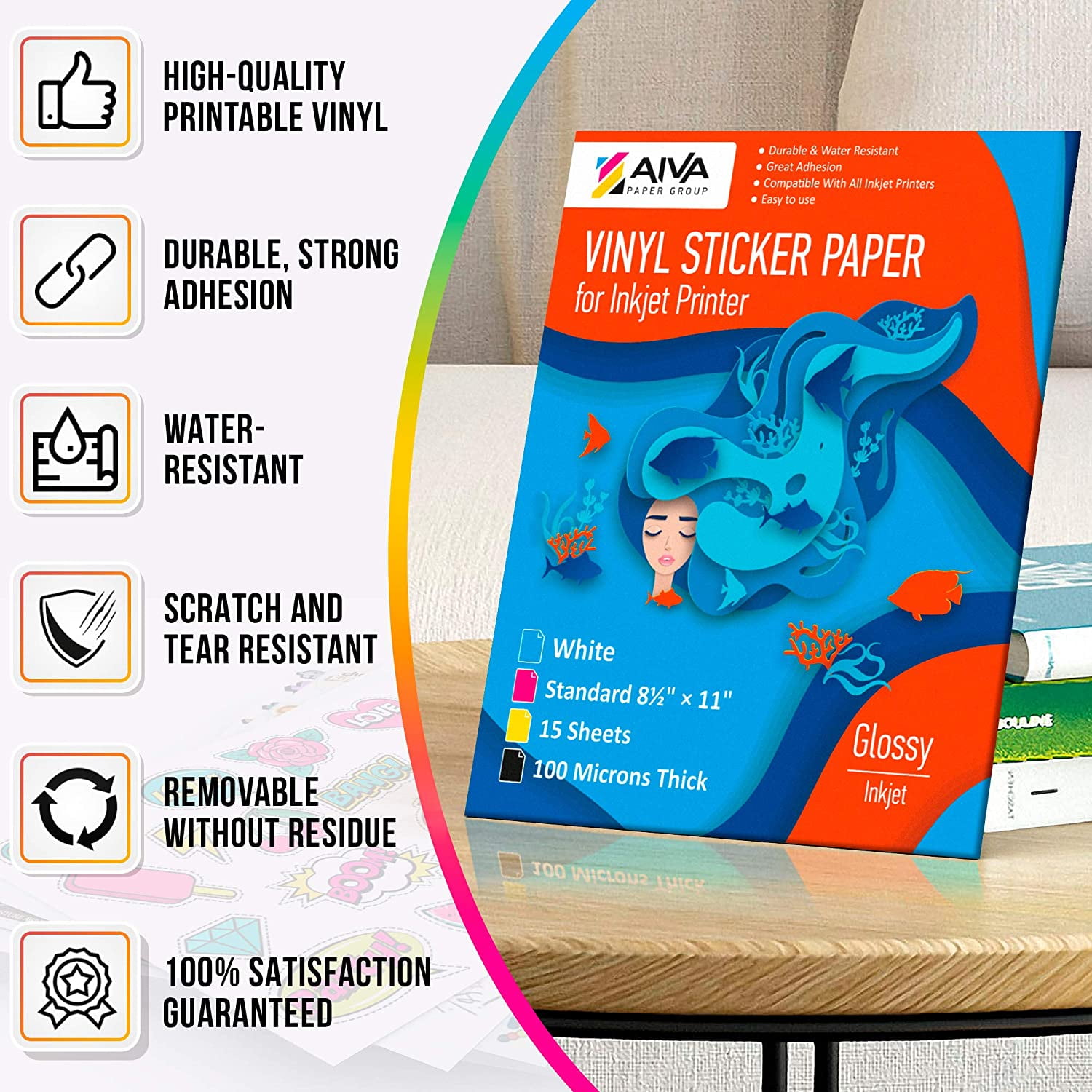 TRHPrintable Vinyl Sticker Paper for Inkjet Printer Glossy White