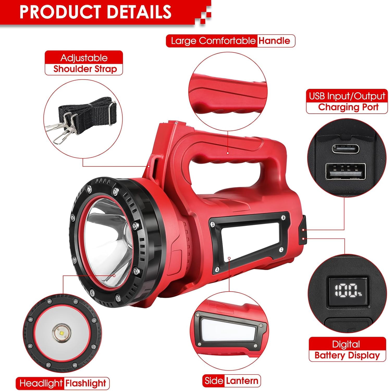 TRH-Rechargeable LED Flashlight, Camping Lantern Flashlight with 1000LM, 7 Modes, Power Bank, IPX4 Waterproof Camping Essentials Light for Hurricane Emergency Hiking Survival Kits - Red