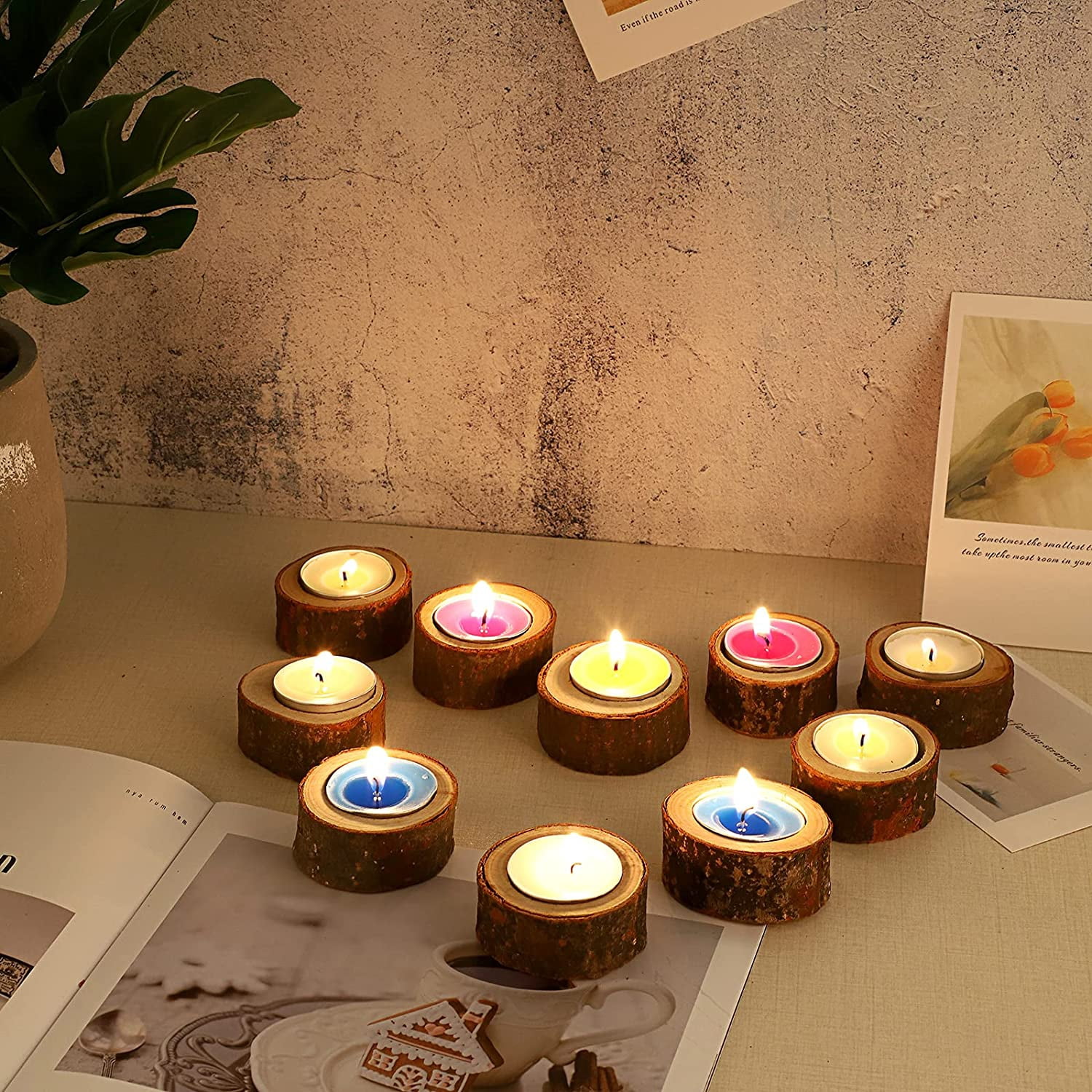 Set Of 12 Wooden Tea Light Candle Holders - Natural Rustic Votive Holders For Weddings, Parties, Home Decor