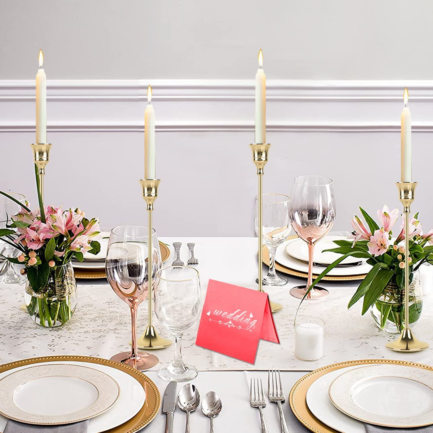 Set Of 2 Marble & Gold Taper Candle Holders - Handcrafted Modern Centerpiece For Table Or Mantle