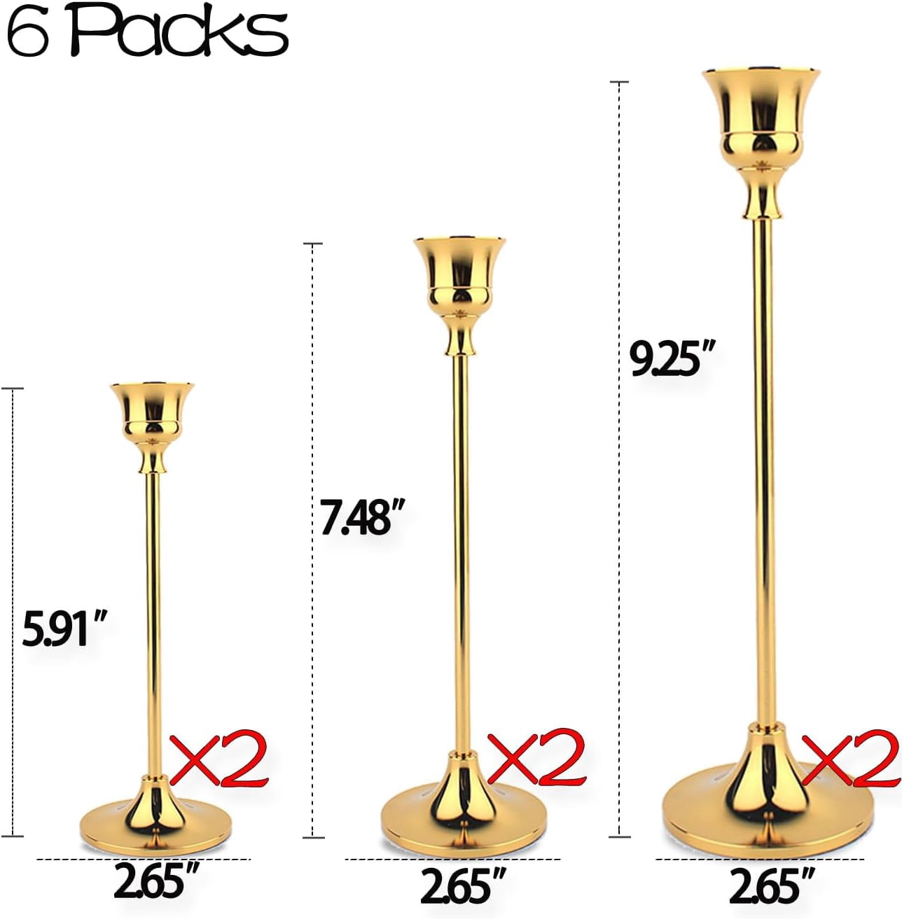 TRH-Taper Candle Holder Set of 6, Brass Gold Tall Candlestick Holders ...