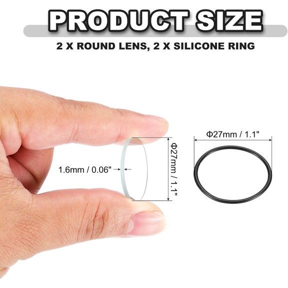TRHOO-1.1" Dia LED Lens, 2 Set Polished Edge Flashlight Glass Lens with Silicone Ring for Light Source Lens Replacement, Transparent, Black