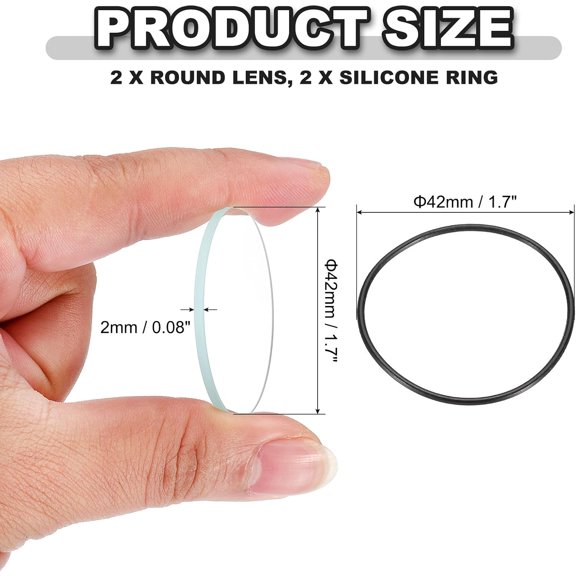 TRHOO-1.65" Dia LED Lens, 2 Set Polished Edge Flashlight Glass Lens with Silicone Ring for Light Source Lens Replacement, Transparent, Black