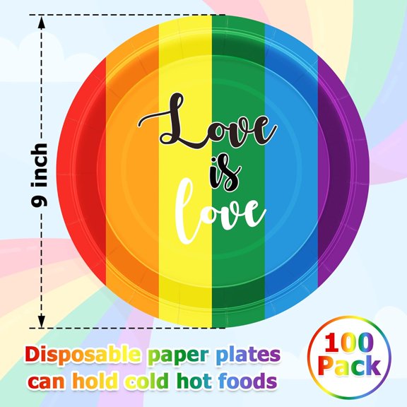 TRHOO-100 COUNT LGBT Party Plates, 9 Inches Round Paper Plates, Striped Pride Decorations, Disposable Paper Plates for LGBT Gay Lesbian Pride Month Pride Party Supplies Party Favors Daily Use Love is