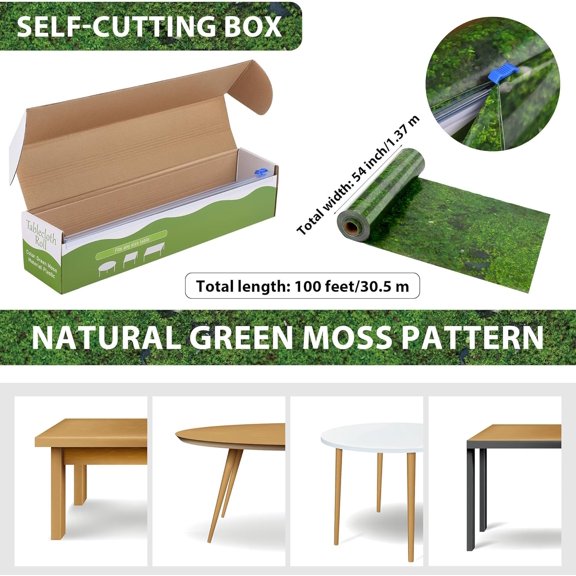 TRHOO-100 Ft x 54 Inch Green Moss Printed Tablecloth Roll with Cutter Box Disposable Jungle Backdrop Cut to Size Table Cover for Plants Nature Themed Party Table Decor Party Supplies