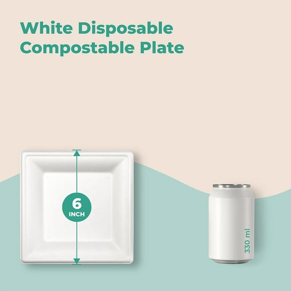 TRHOO-100 Pack Compostable Paper Plates, 6" Appetizer Plates Square Dessert, Heavy-Duty Disposable Eco-Friendly Sugarcane Plate for Party, Cake, Snack, White