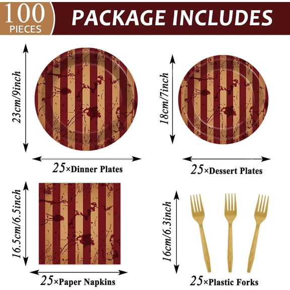 TRHOO-100Pcs Halloween Carnival Paper Plates and Napkins Bloody Circus Party Decoration Disposable Red White Stripe Tableware Dinnerware Set for Evil Halloween Birthday Party Supplies Serve 25