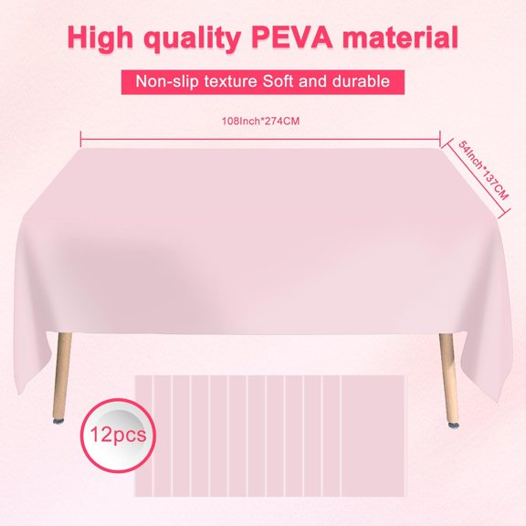 TRHOO-12 Pack Light Pink Plastic Tablecloth for Rectangle Tables, Premium Light Pink Disposable Table Cloths for Parties, Bulk Rectangle Party Table Cover for Birthday Wedding Anniversary, 54x108Inch