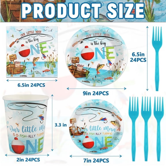 TRHOO-120 PCS Fishing Party Supplies, Disposable Fishing Theme Paper Plates, Napkins Cups and Forks, Tableware Set for Summer Beach and Birthday Party Decorations, Serves 24 Guests