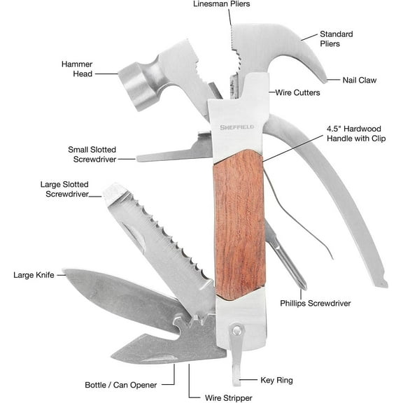 TRHOO-12913 Premium 14-in-1 Hammer Multi Tool, Multipurpose Tool for the Home, Camping Equipment, and Work, Hammer, Pliers, Survival Knife, & More