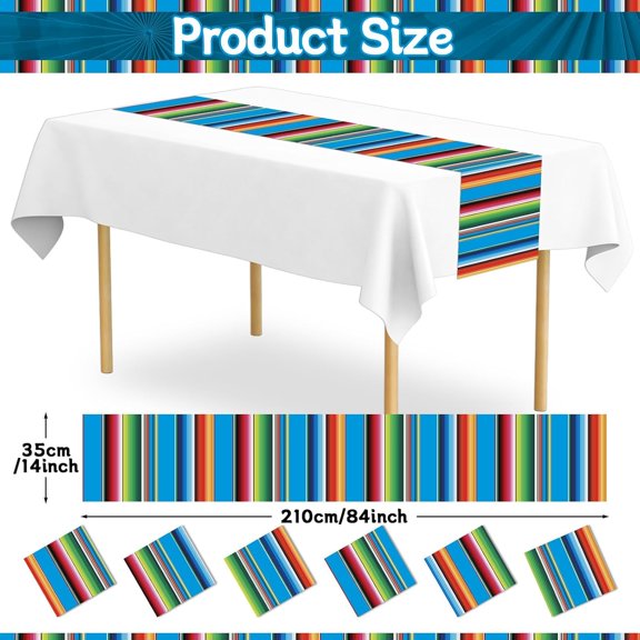 TRHOO-12Pack Plastic Mexican Table Runner Disposable Mexican Serape Table Runner 14 x 84Inch Blue Striped Table Cover for Dinning Table Fiesta Party Day of The Dead Taco Party Decor Supplies