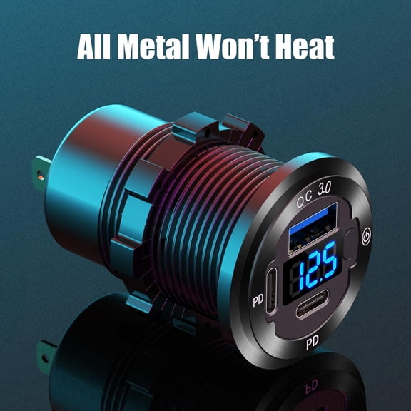 TRHOO-12V USB Outlet 3 Port Car Charger Socket, 78W Dual PD USB C 30W and Quick Charge3.0 Port Aluminum Charger Waterproof with Voltmeter and Button Switch for Boat Marine Motorcycle RV Truck Golf Ca