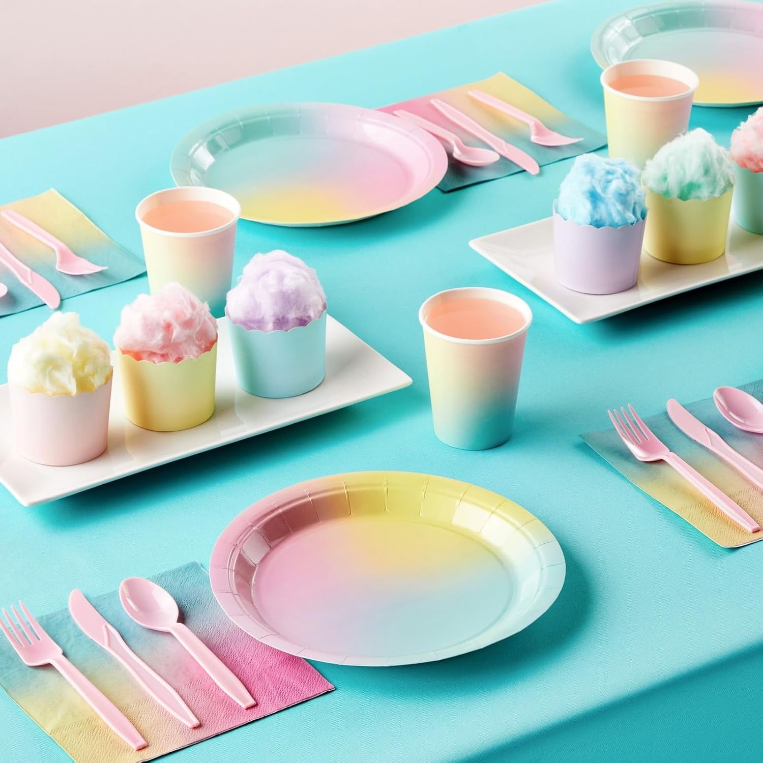 Pastel Rainbow Birthday Party Dinnerware Set with Pink Cutlery