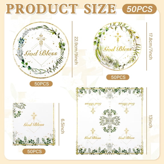 TRHOO-150Pcs God Bless Baptism Paper Plates and Napkins First Holy Communion Party Plates Disposable Boy Girl for First Communion Christening God Bless Baptism Party Decorations,Party Supplies,Serve