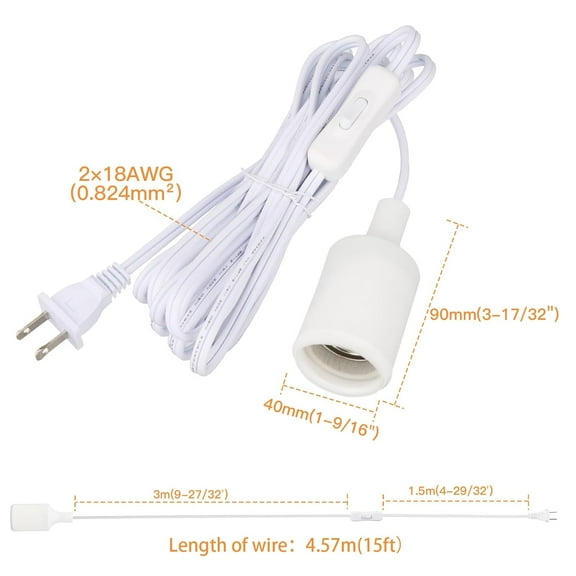TRHOO-15ft Pendant Light Cord Socket, E26 Hanging Lamp Socket with ON Off Switch, E27 Base White Lantern Extension Cord Cable Lights Bulb Socket with Plug DIY Lamp Fixture Ceiling Lighting Kit