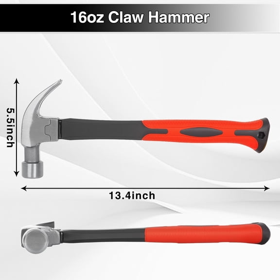 TRHOO-16OZ Claw Hammer with Fiberglass Handle, Drop Forged Claw Hammer, All Purpose Hammer, Smooth Face, Shock-Absorbing Grip