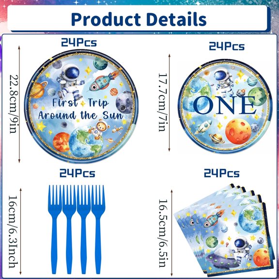 TRHOO-1st Trip Around the Sun Decorations, 96PCS Outer Space First Birthday Party Plates and Napkins Forks Set, One Years Old Disposable Paper Tableware for Boys