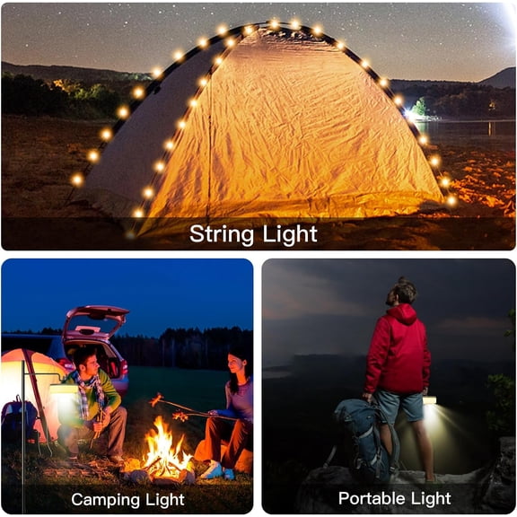 TRHOO-2 in 1 Camping String Lights Warm String Lights with 12 Lighting Modes 30s Quick Roll Up Portable String Lights USB Rechargeable Camping Lantern for Tent, Camping, Party Decor