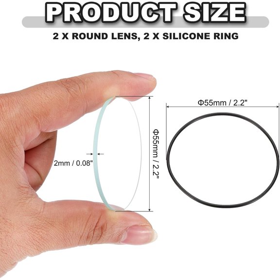 TRHOO-2.2" Dia LED Lens, 2 Set Polished Edge Flashlight Replacement Parts Glass Lens with Silicone Ring for Light Source Lens Replacement, Transparent