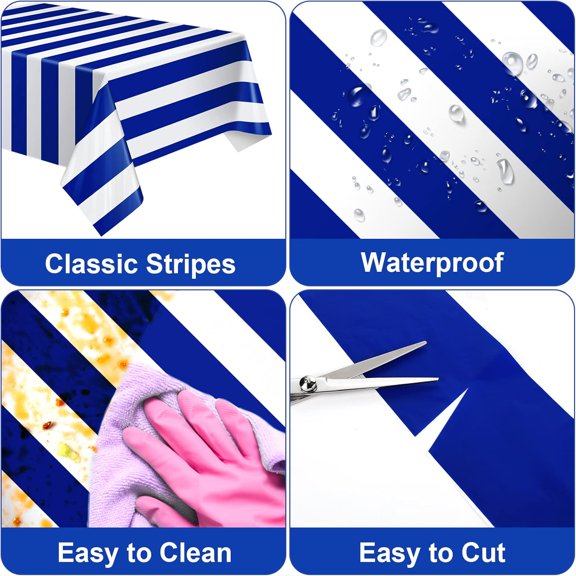 TRHOO-2 Pack Blue and White Striped Tablecloth, 54 x 108 Inch Waterproof Disposable Plastic Table Cover, Rectangular Table Cloths for Birthday Baby Shower Nautical Theme Party Decoration