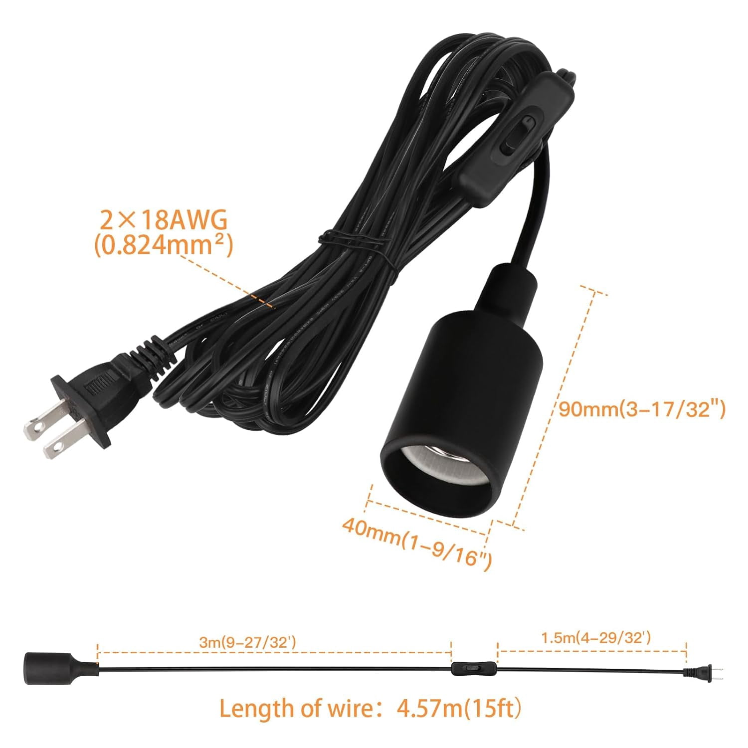 TRHOO-2 Pack Pendant Light Cord Socket, 15ft E26 Hanging Lamp Socket with ON Off Switch, E27 Base Black Lantern Extension Cord Cable Lights Bulb Socket with Plug Lamp Fixture Ceiling Lighting Kit