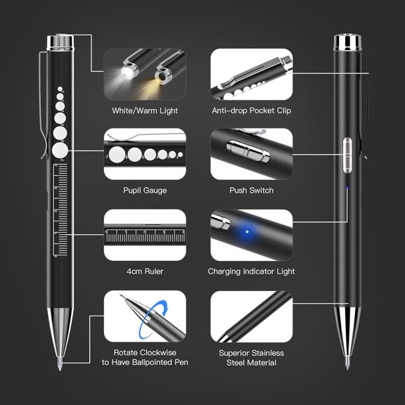 TRHOO-2 Rechargeable Ballpoint Penlights with Pupil Gauge & Ruler, LED Pen Lights for Nurses Doctors, USB-C Rechargeable, Warm/White Light, Pocket Clip, Penlight Flashlights for Nursing Student