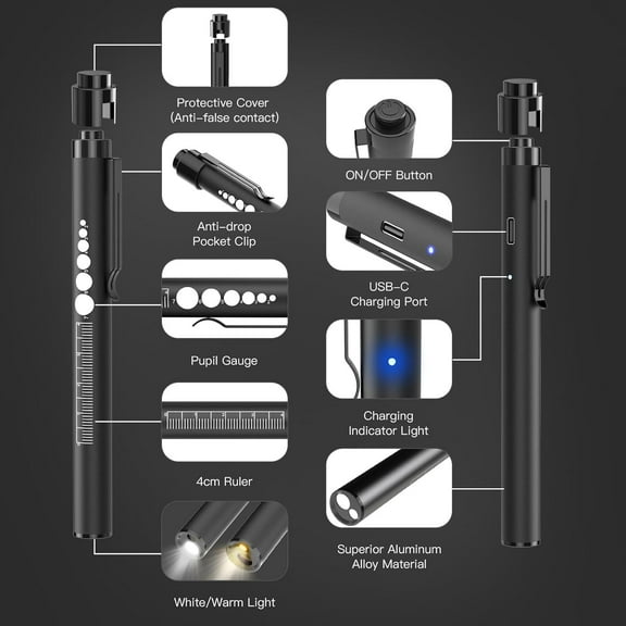 TRHOO-2 Rechargeable Pen Lights with Pupil Gauge, Ruler & 2 Pocket Protectors, LED Penlights for Nurse Doctor, Warm/White Light, USB-C Rechargeable Penlight Flashlight for Nursing Student