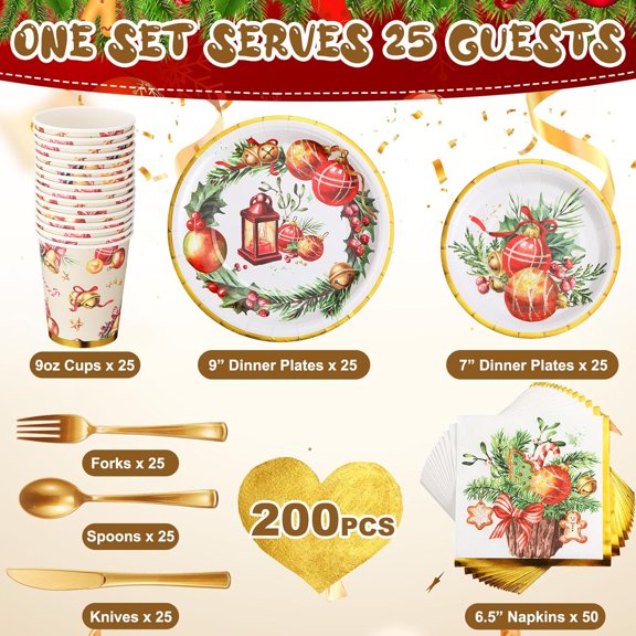 TRHOO-200 Pcs Christmas Dinnerware Set Disposable Christmas Paper Plates and Napkins for 25 Guests Holiday Tableware Kits Cups Forks Knives Spoons for Christmas Party Supplies(Xmas Ball)