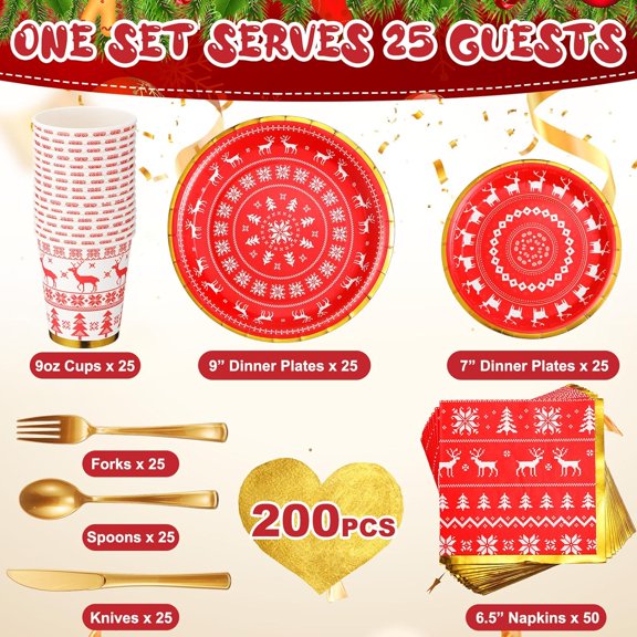 TRHOO-200 Pcs Christmas Dinnerware Set Disposable Christmas Paper Plates and Napkins for 25 Guests Holiday Tableware Kits Cups Forks Knives Spoons for Christmas Party Supplies(Deer)