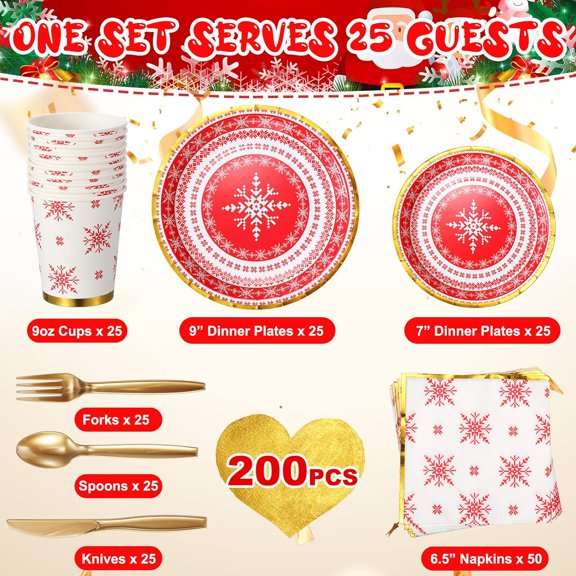 TRHOO-200 Pcs Christmas Dinnerware Set Disposable Christmas Paper Plates and Napkins for 25 Guests Holiday Tableware Kits Cups Forks Knives Spoons Party Supplies(Snowflake)