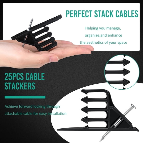 TRHOO-25 Pcs Cable Stackers Electrical Cable Stapler Staples Insulated Cordless Hammer Staple Sort Out Electric Efficient Electric Wire Organization for Various Quantities (Black)