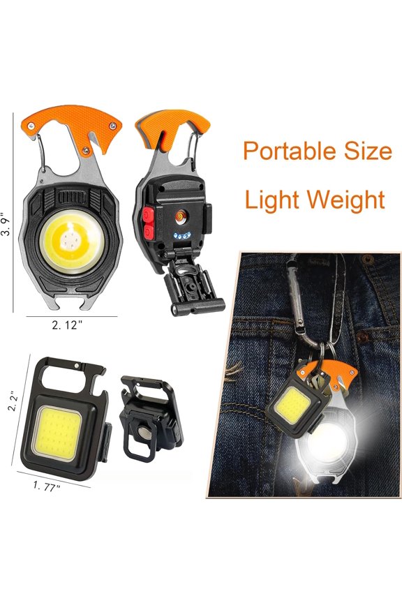 TRHOO-2PCS 6 in 1 COB Keychain Mini Work Light Flashlight Multifunction Portable Pocket 500 Lumens Flashlight with Electric Lighter, Seat Belt Cutter, Screwdriver, Whistle (Orange)