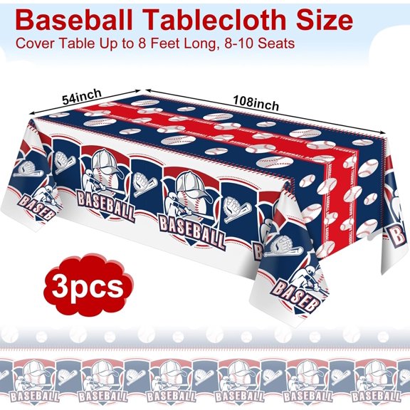 TRHOO-3 Pack Plastic Baseball Tablecloth, 54 x 108 Inch Disposable PE Baseball Party Tablecloth Waterproof Rectangle Baseball Theme Party Table Cover for Baseball Party Decorations