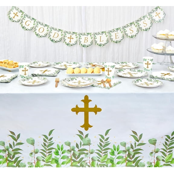 TRHOO-3 Pack Religious Table Covers for Easter Party, Baptism, First Communion, Catholic Gold Cross Plastic Tablecloth - 54x108 inch - Party Accessory for Themed Events and Special Occasions