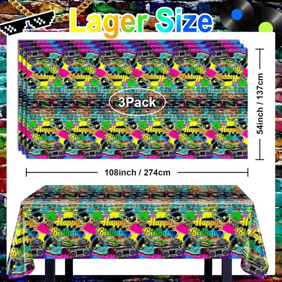 TRHOO-3 pcs 80s Party Tablecloth Hip Hop Birthday Party Decorations Plastic Disposable Table Cover 80 90s Theme Birthday Party Supplies Large Graffiti Brick Table Cloth, 108x54 Inch