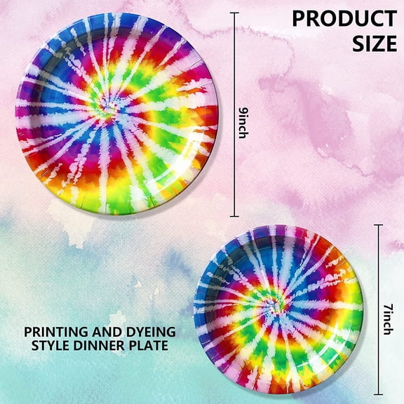 TRHOO-32PCS 9" and 7" Tie Dye Plate-Rainbow Disposable Paper Party Plate,Round Hippie Two Groovy Dessert Plates for Dinner Party Birthday Holiday (Tie Dye Rainbow Theme)