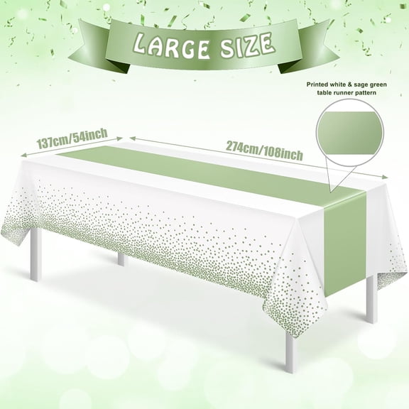 TRHOO-3Pcs White and Sage Green Tablecloth Decorations,Plastic White Table Cloth Printed Green Table Runner Disposable Rectangle Table Cover for Birthday Wedding Anniversary Graduation Party,54 x108