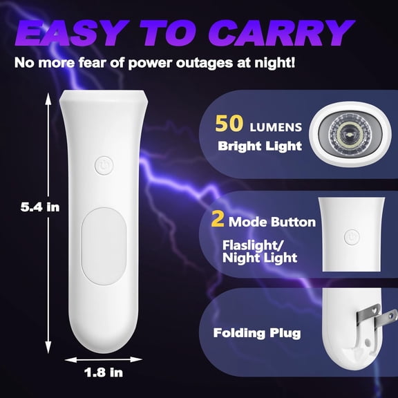 TRHOO-4 in 1 Emergency Power Failure Lights for Home, Rechargeable LED Flashlight, Automatic Turn-On Power Outage Light Plug in Wall for Snow Storm Weatheready, White